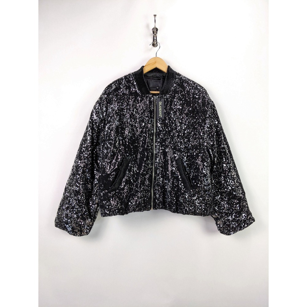 Blank NYC Womens Black Silver Sparkle Sequin Bomber Jacket Size L